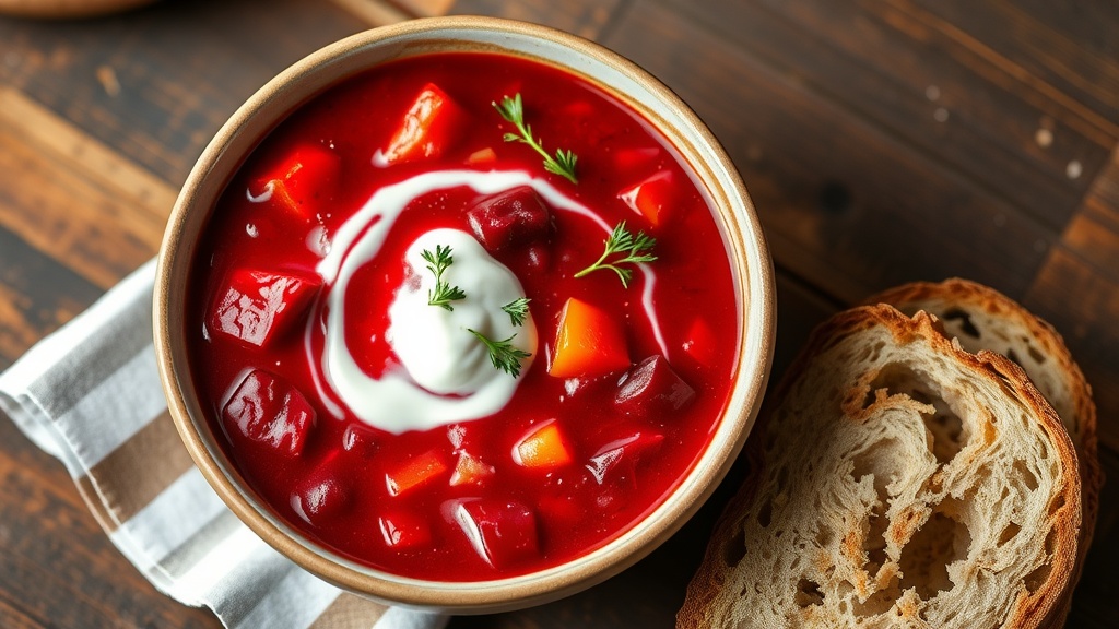 Traditional Ukrainian Borscht Recipe A bowl of rich, red borscht garnished with sour cream and dill, served with bread.